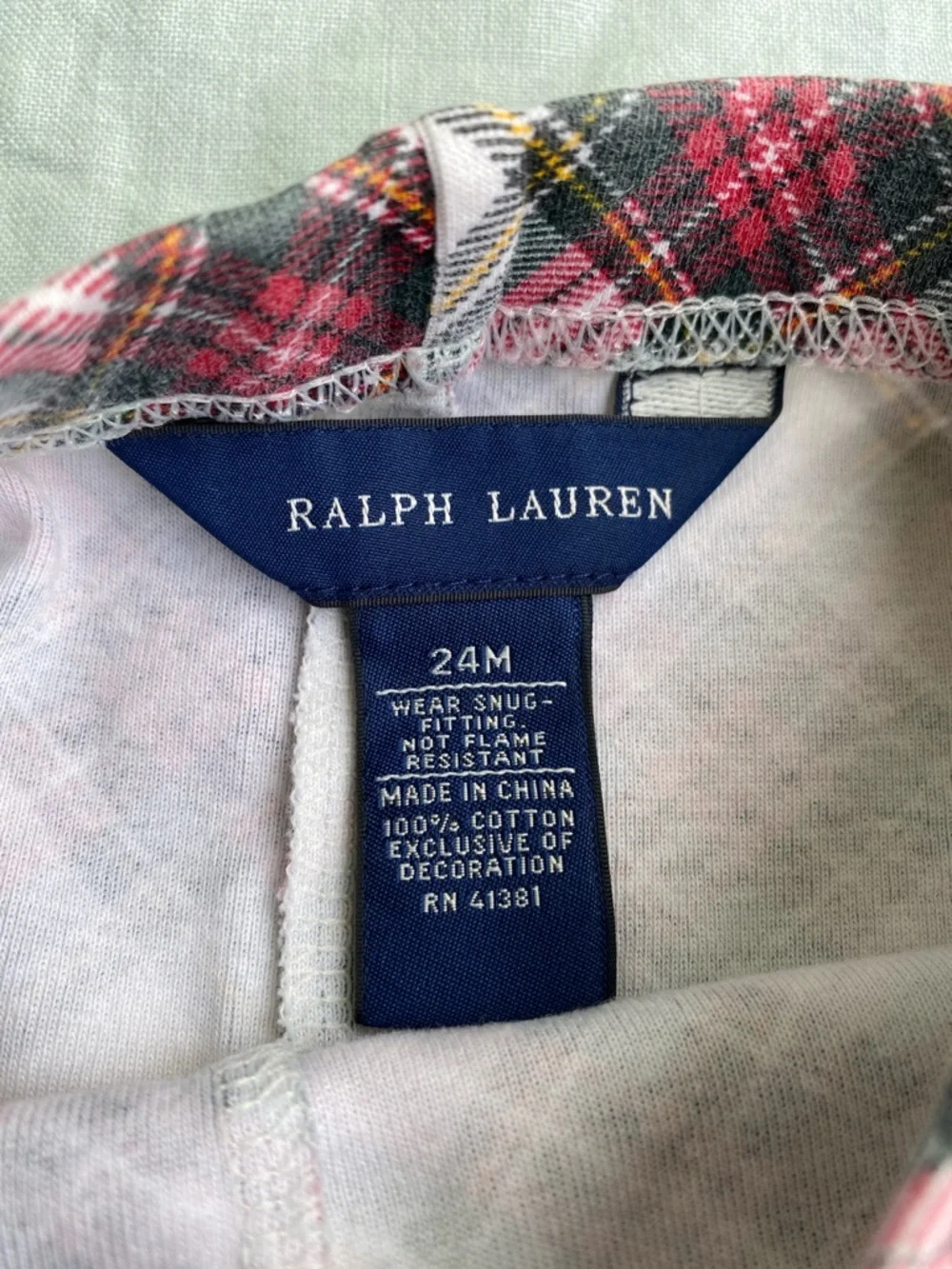 Ralph Lauren 24M red plaid 100% cotton leggings pajama bottoms